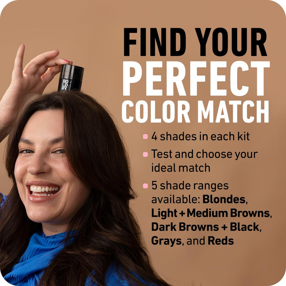 Boldify color swatch panel displaying 14 shades for precise root matching