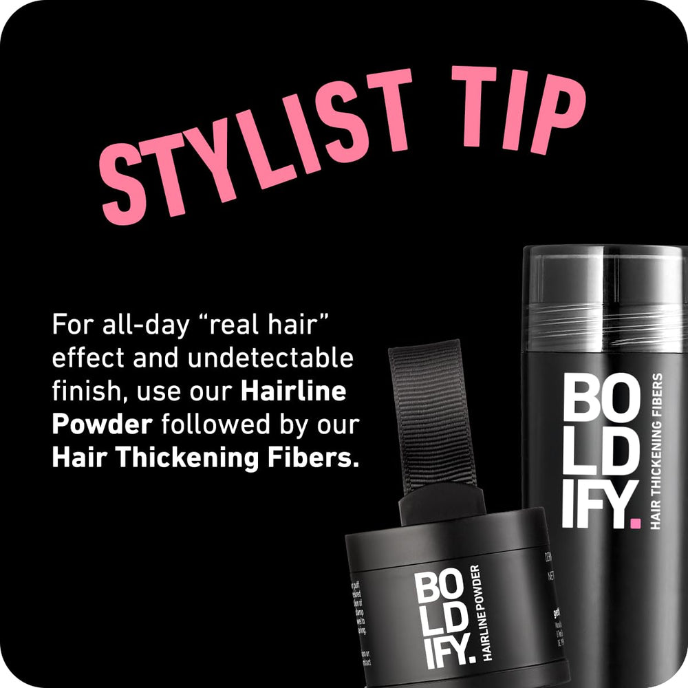 Boldify crown before-after illustration shows fuller appearance using fibers