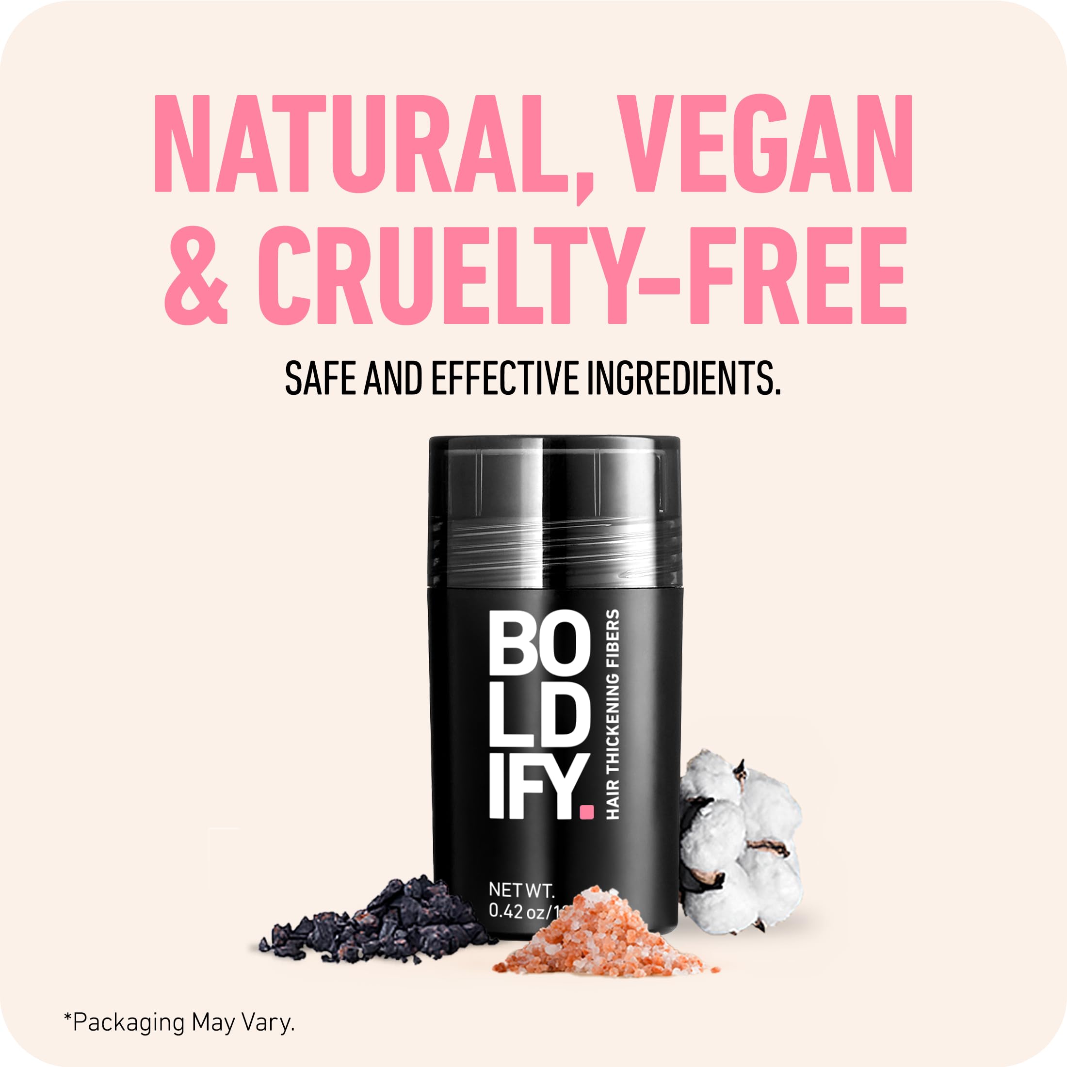 Boldify Hair Fibers packaging showcases cruelty-free manufacturing.