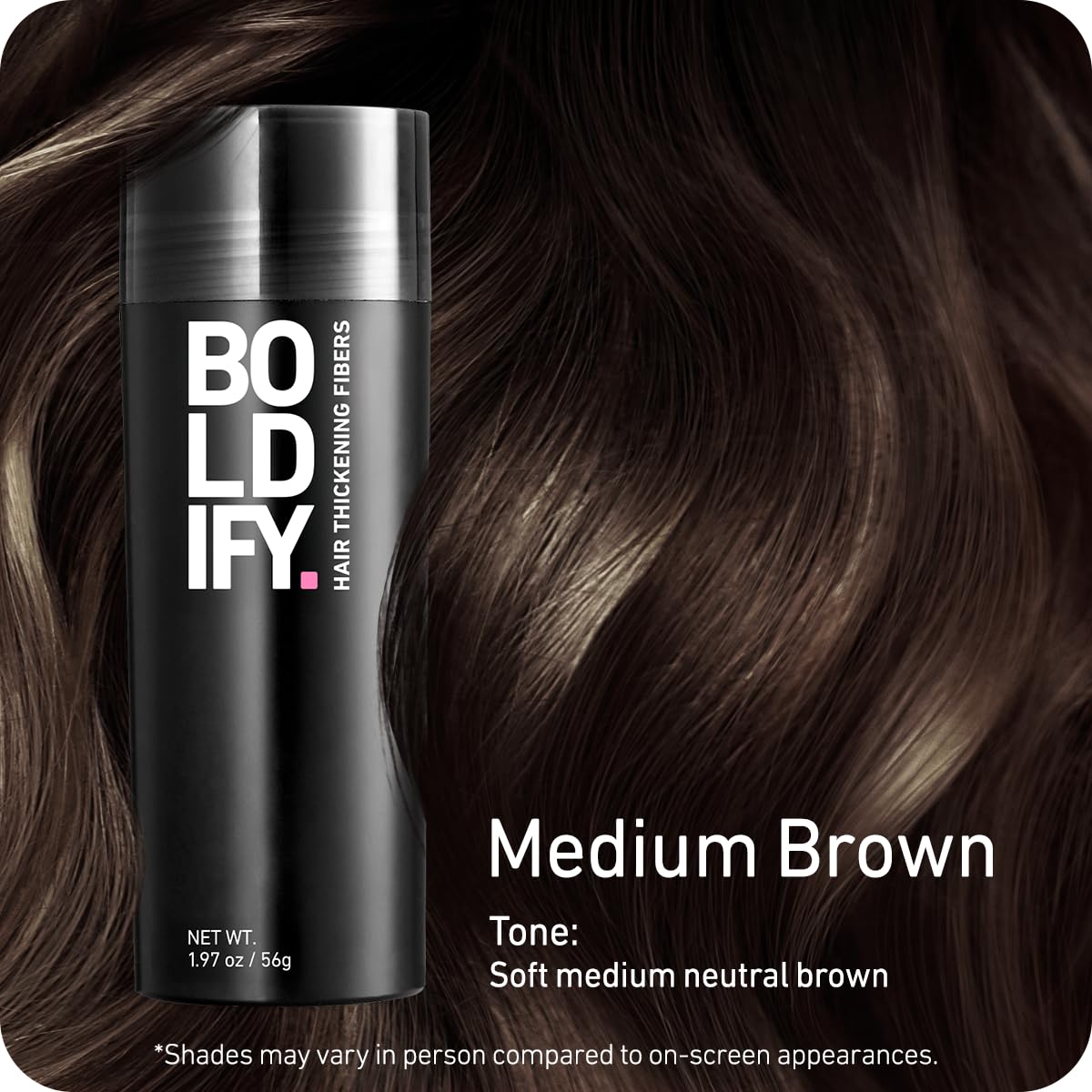 Boldify Hair Fibers shaking application shows easy, even coverage.