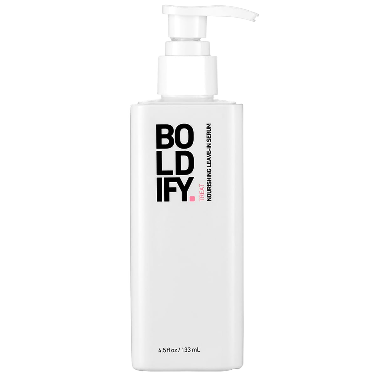 Boldify leave-in serum bottle demonstrates lightweight conditioning for daily styling.