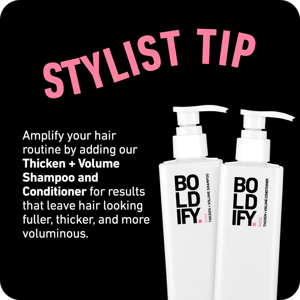 Boldify no-residue frizz-control shows frizz reduction without oily finish.