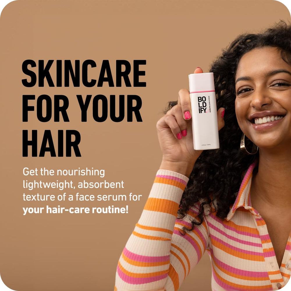 Boldify serum hands-application shows easy application for smooth detangling.