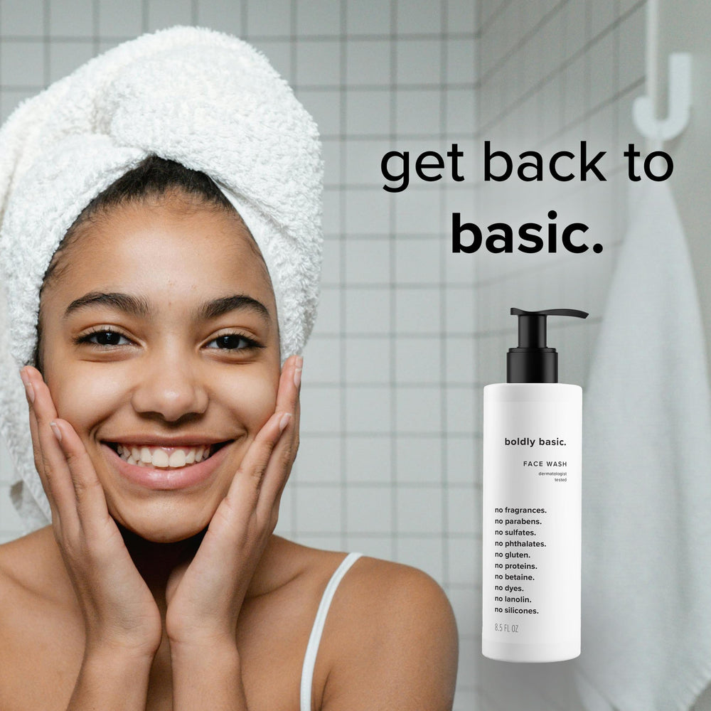 Boldly Basic Fragrance Free Face Wash kid-friendly use demonstrates gentle cleansing for the whole family.