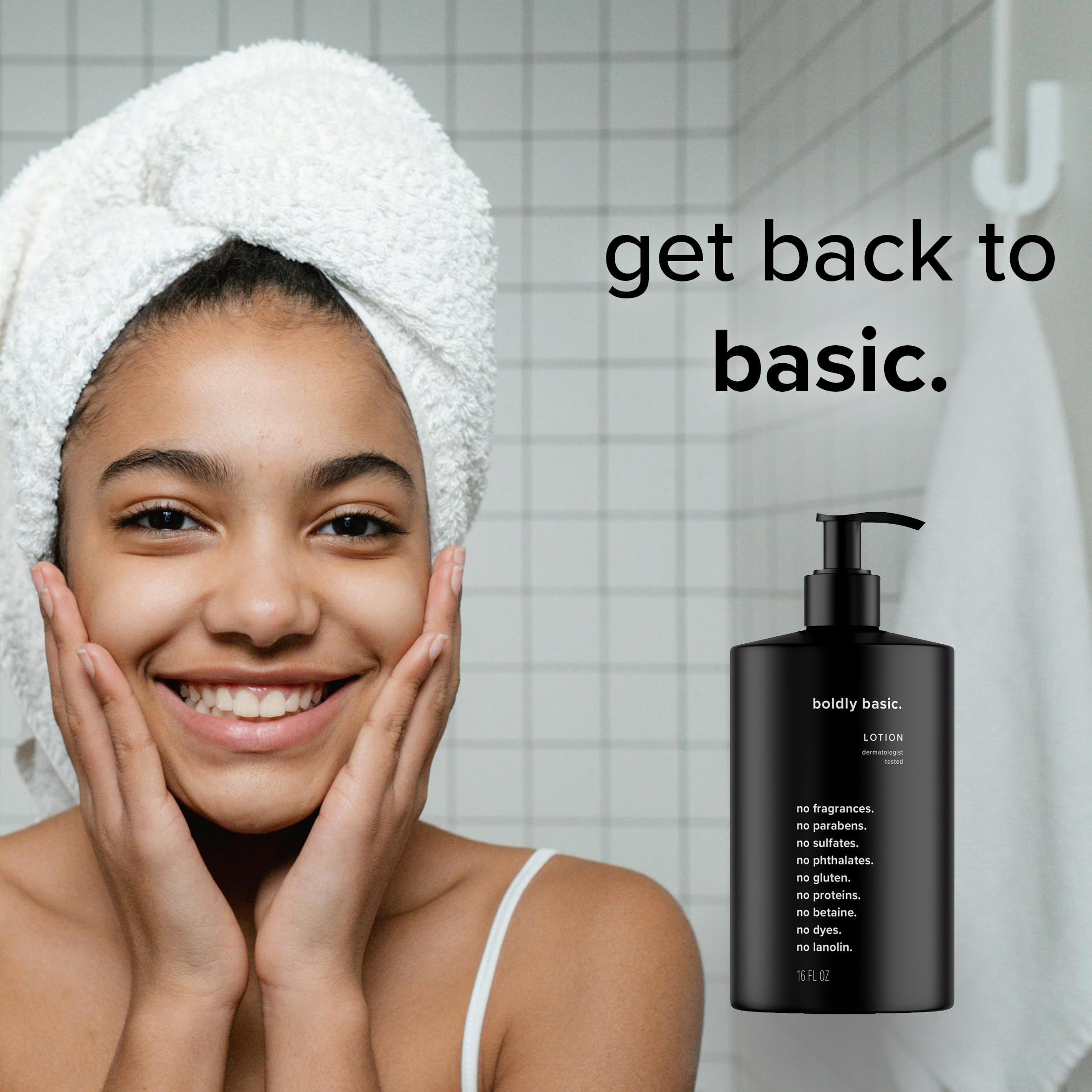 Boldly Basic Fragrance Free Lotion absorption scene highlights non-greasy feel.