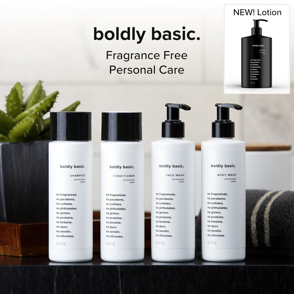 Boldly Basic Fragrance Free Lotion family-use shot emphasizes safe formula.