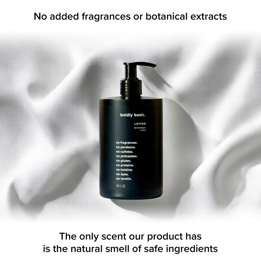 Boldly Basic Fragrance Free Lotion USA-made label conveys trusted craftsmanship.