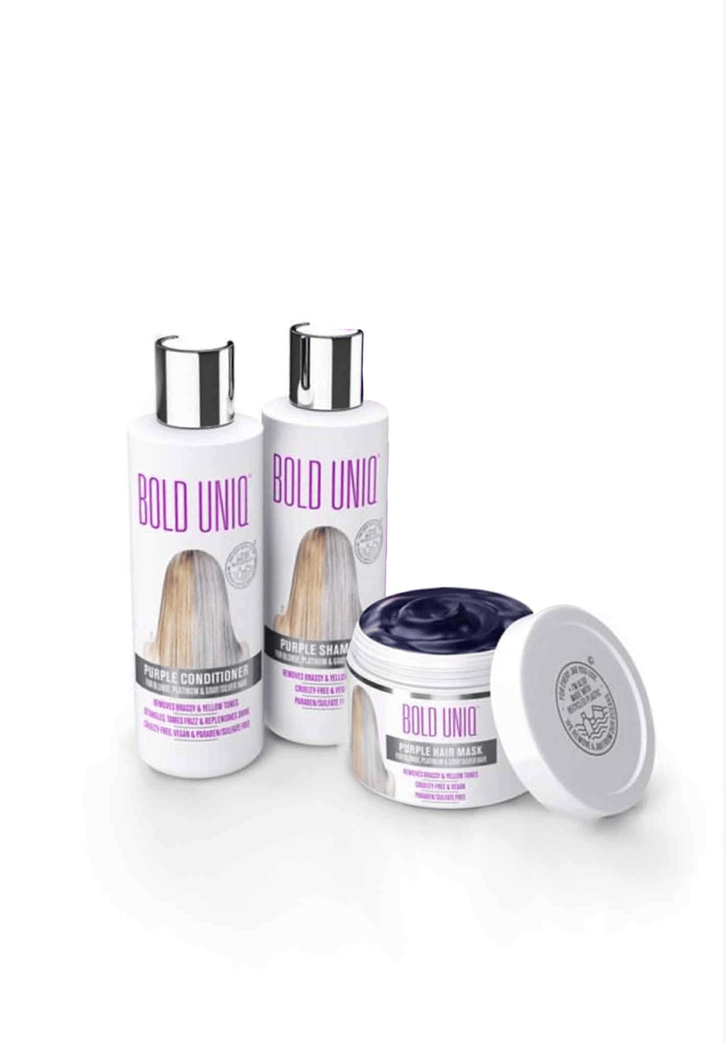 Bold Uniq Purple Shampoo bottle refreshes cool blonde tones and neutralizes brass