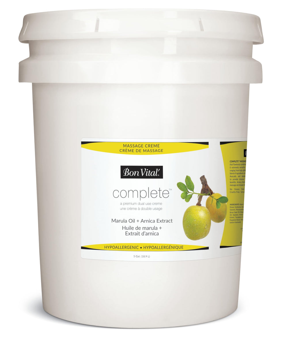 Bon Vital' Complete Massage Creme 5gal bulk container offers long glide for professional sessions.