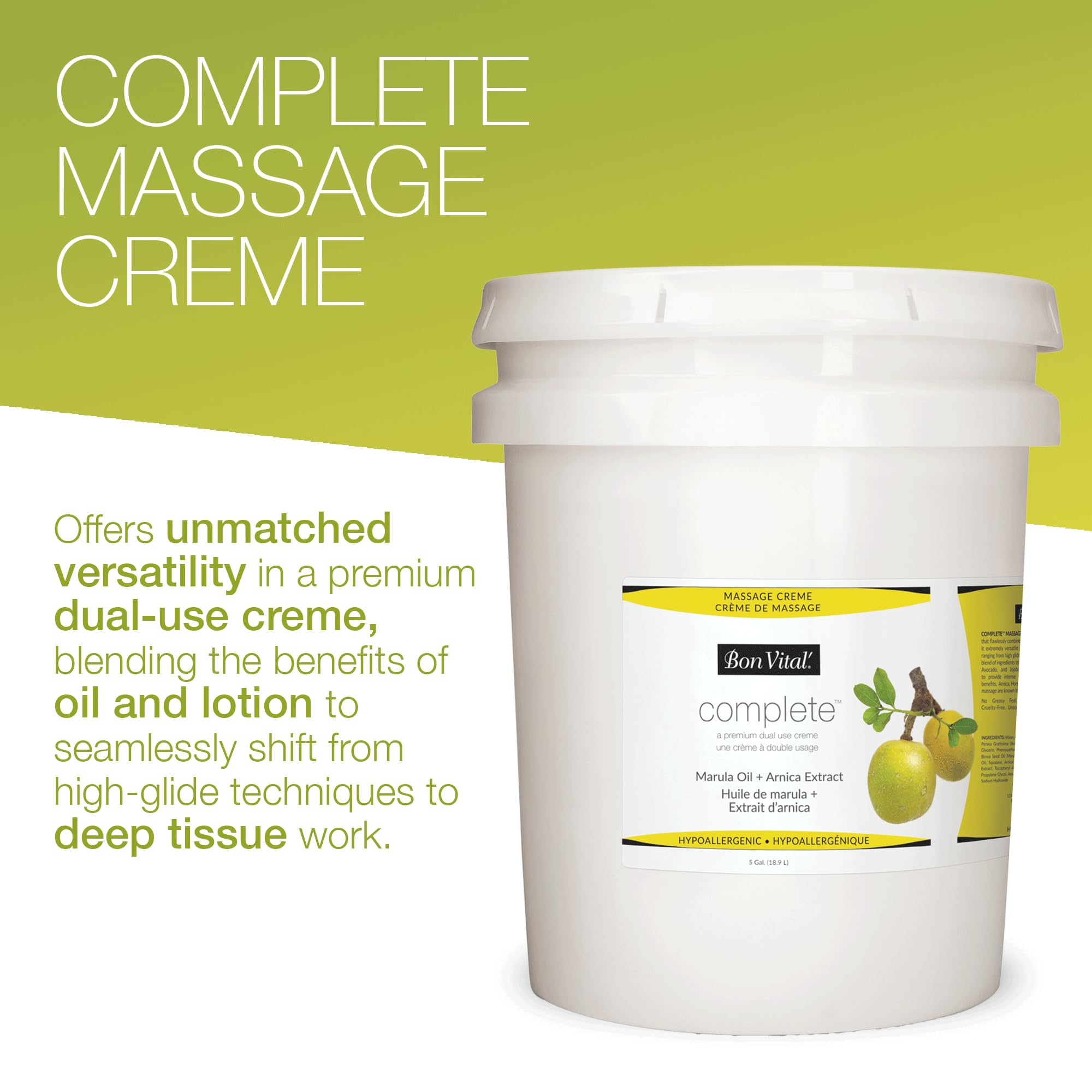 Bon Vital' Complete Massage Creme marula olive jojoba oils nourish skin during sessions.