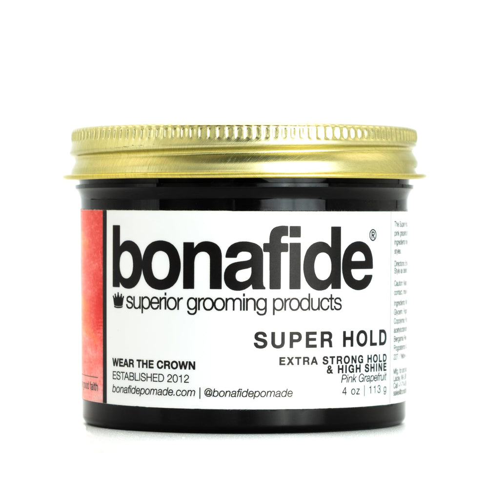 Bona Fide Pomade Super Hold bottle closeup showing strong hold and high shine