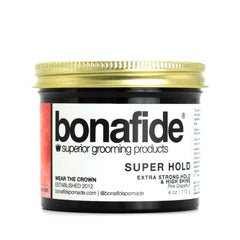 Bona Fide Pomade Super Hold bottle closeup showing strong hold and high shine