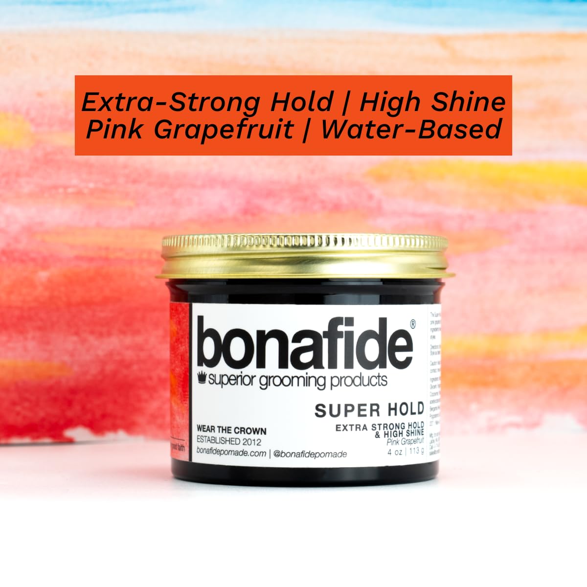 Bona Fide Pomade Super Hold jar front with classic packaging and easy wash-out