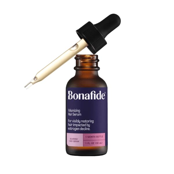 Bonafide Silvessa serum bottle close-up highlights strengthening formula for fuller hair.