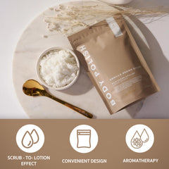 Bonblissity Lavender Body Polish bottle with calming scent for spa-like experience