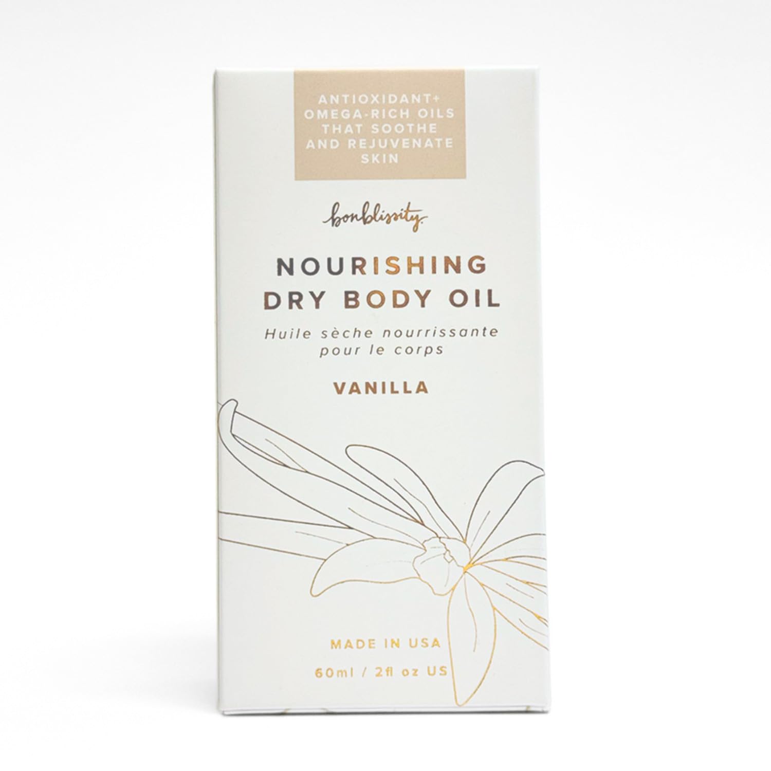 Bonblissity Nourishing Body Oil vanilla application on arm delivers fast-absorbing moisture.