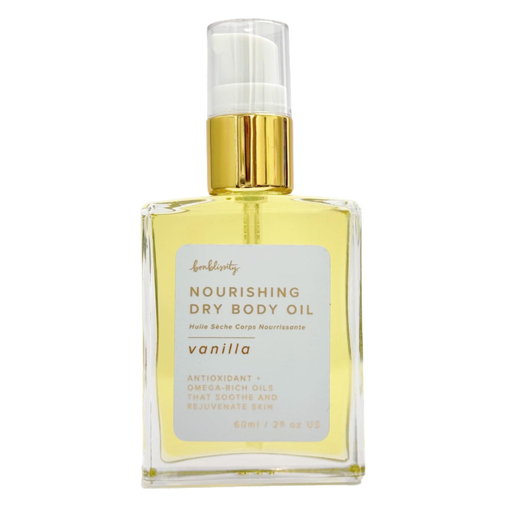 Bonblissity Nourishing Body Oil vanilla bottle pump for easy, non-greasy hydration.