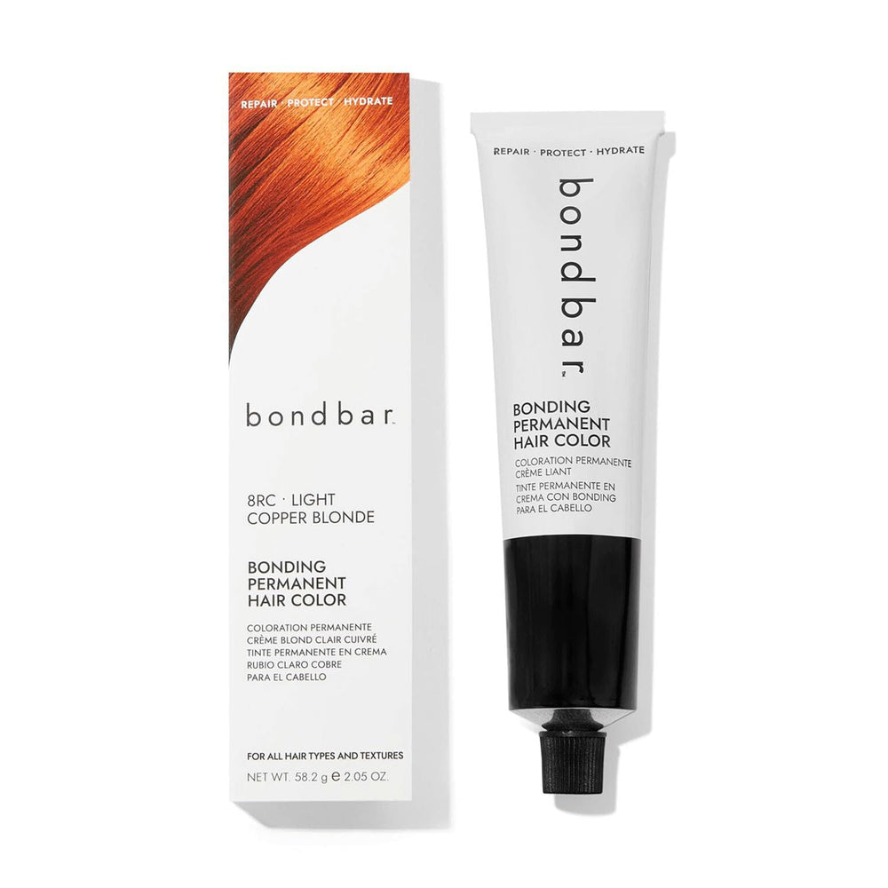 Bondbar 8RC Light Copper Blonde color tube showcases vegan formula with built-in bonding for stronger hair.