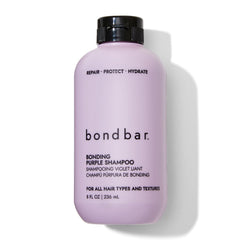 Bondbar Purple Brightening Shampoo bottle reveals vegan, cruelty-free formula for blonde and gray hair.