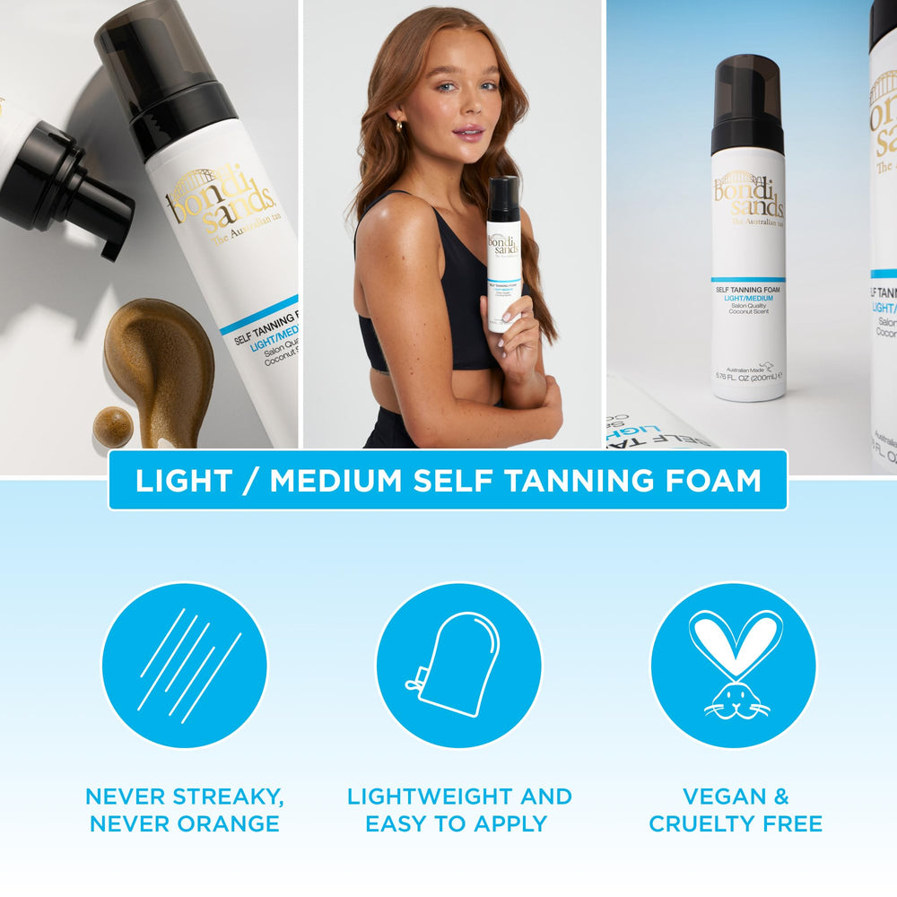 Bondi Sands self tanning foam close-up shows smooth dispensing.