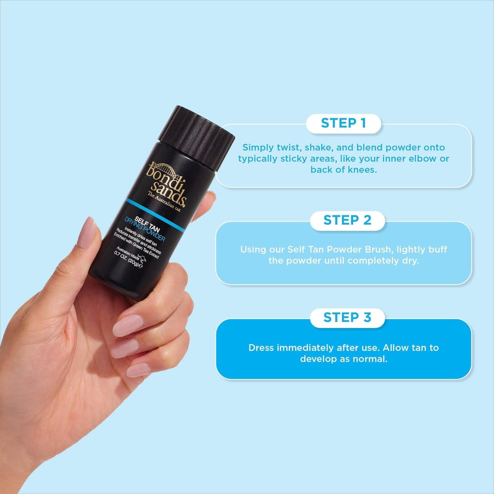 Bondi Sands Self Tan Drying Powder application tips show even, flawless after-tan finish.