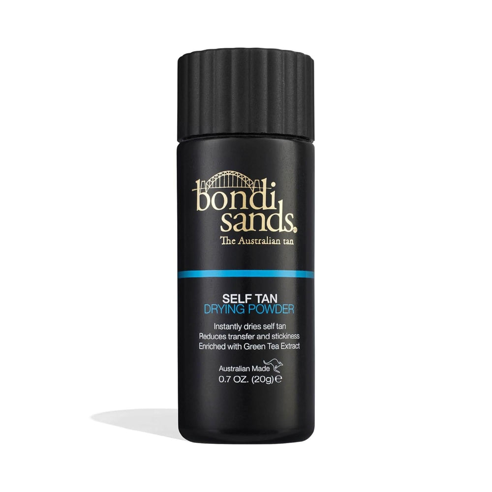 Bondi Sands Self Tan Drying Powder bottle pour demonstrates quick-dry action to reduce transfer.