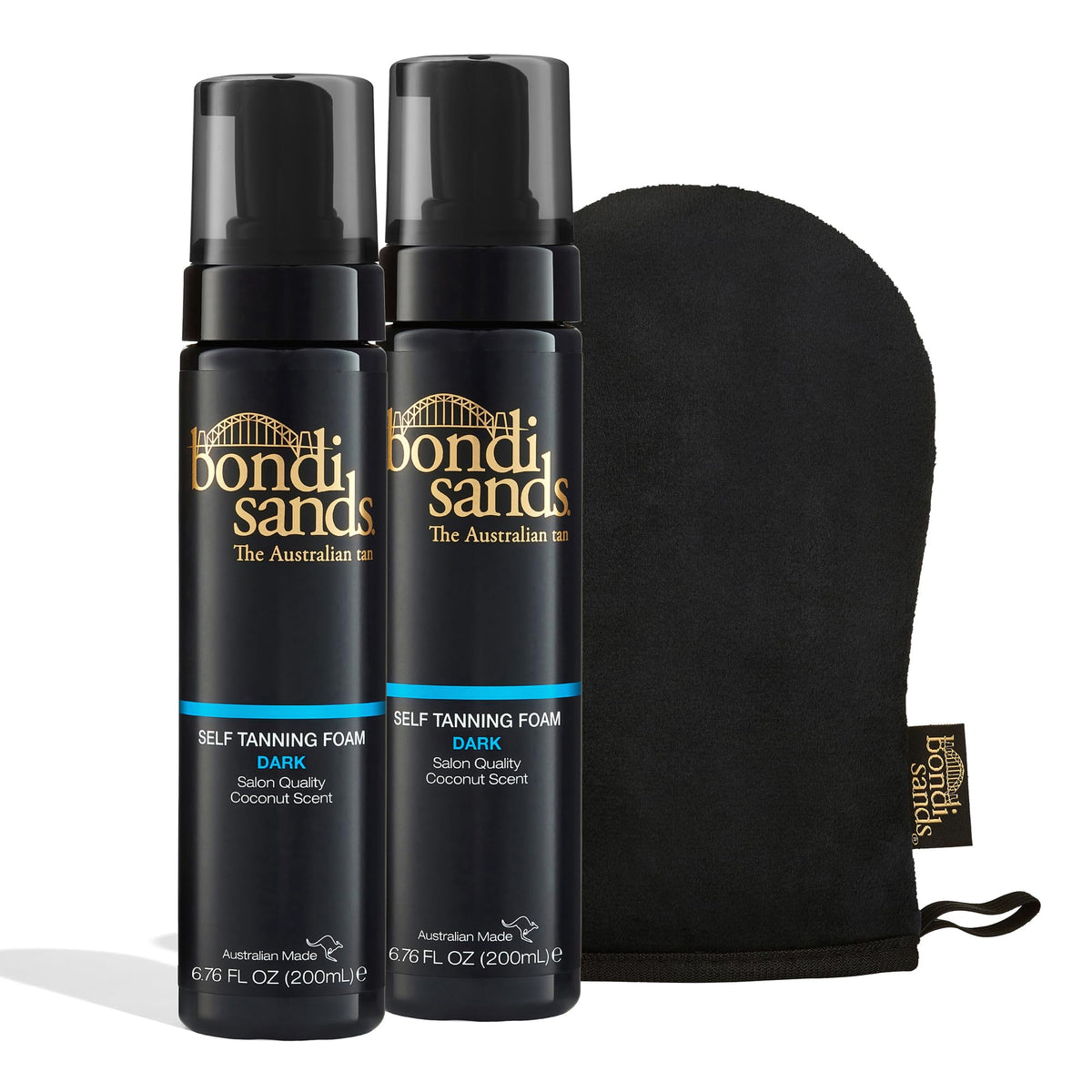 Bondi Sands self tanning foam duo dark bottle for an even bronze finish.