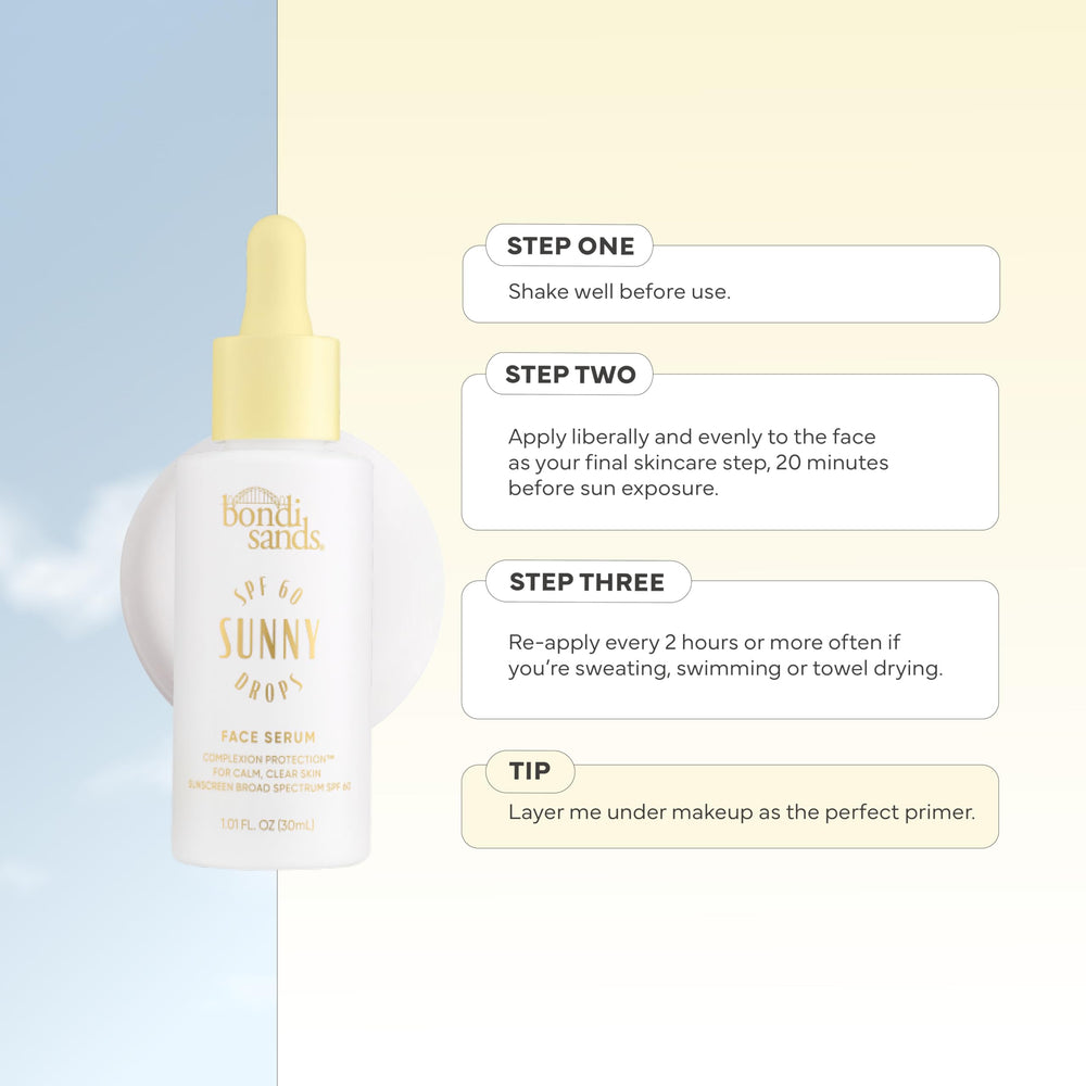 Bondi Sands Sunny Drops hibiscus and vitamin E hydrate skin throughout the day