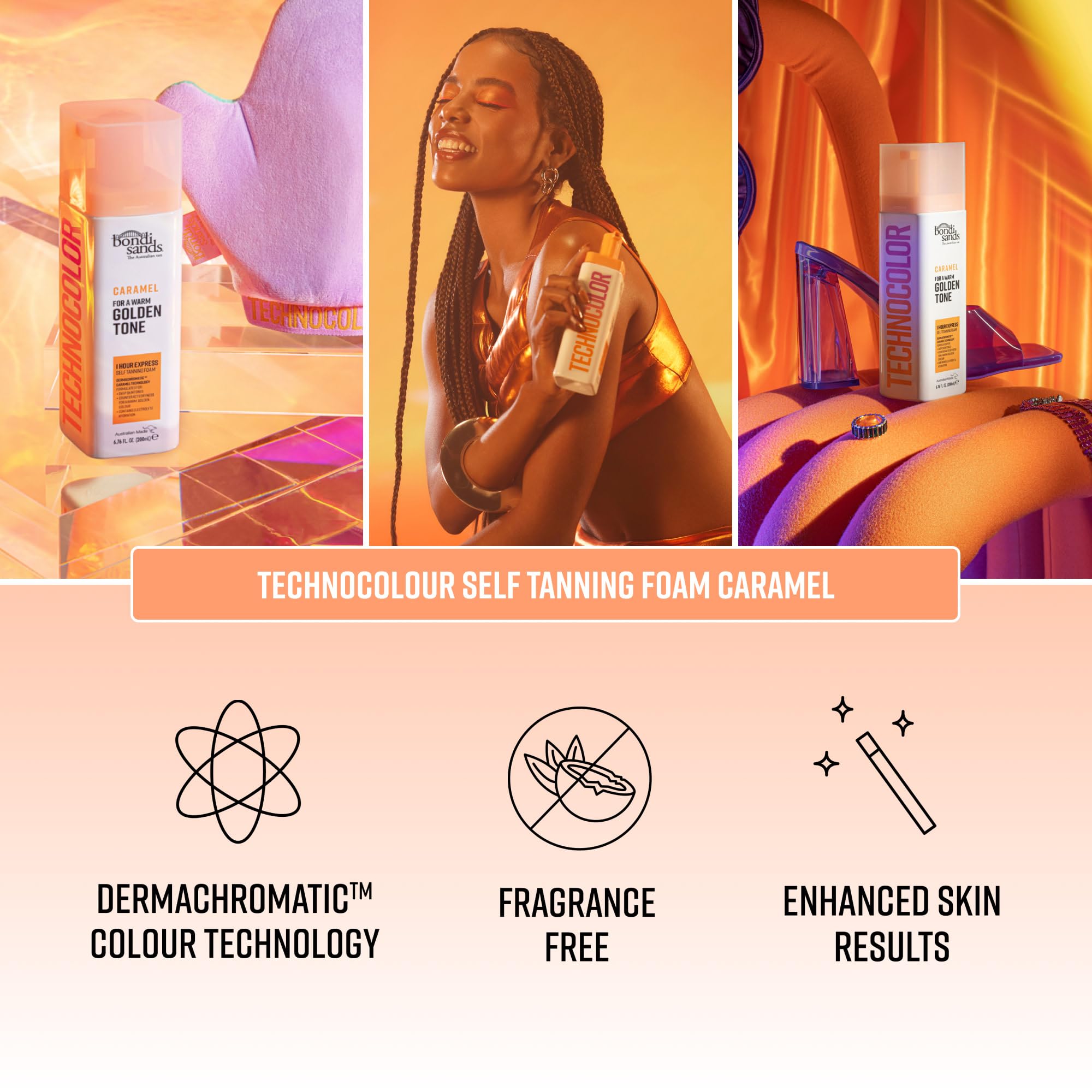 Bondi Sands Technocolor Caramel yellow-golden guide visible on skin for guidance