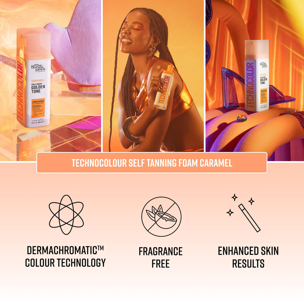 Bondi Sands Technocolor Caramel yellow-golden guide visible on skin for guidance