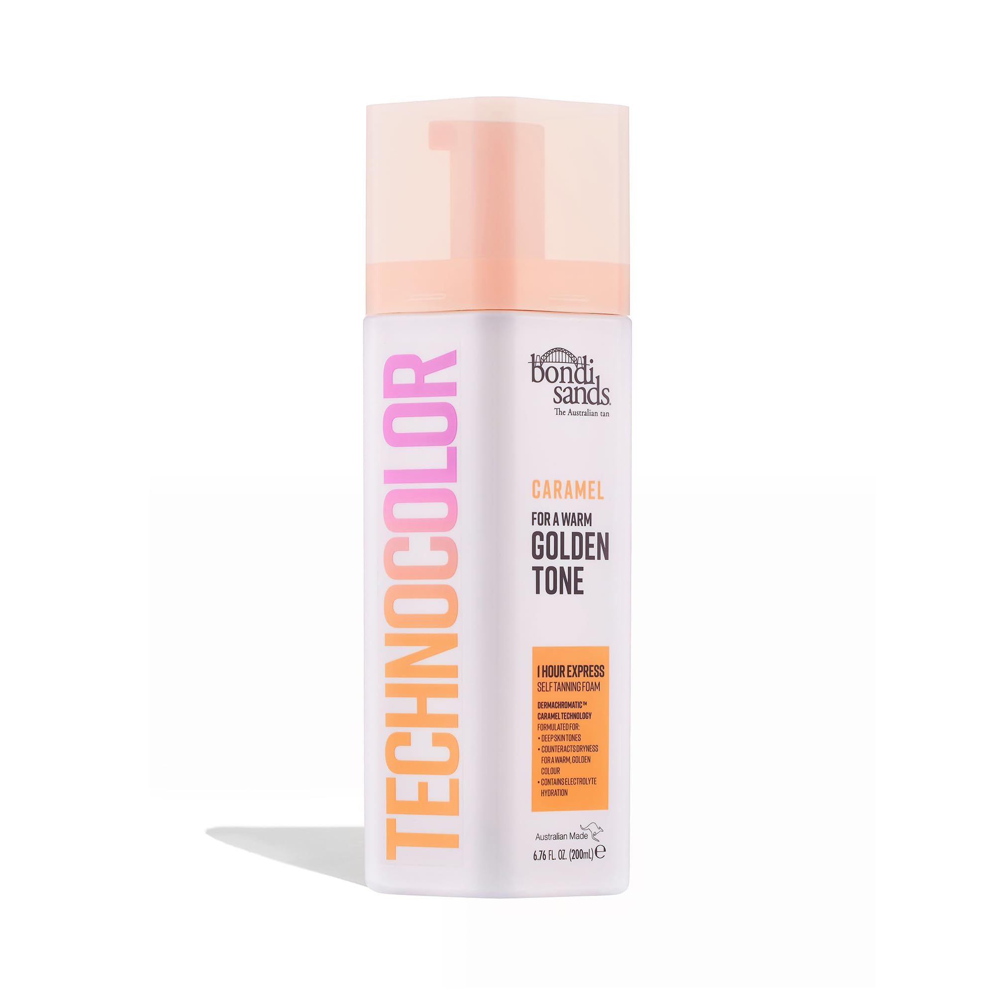 Bondi Sands Technocolor Caramel foam bottle with yellow-golden guide for warm glow