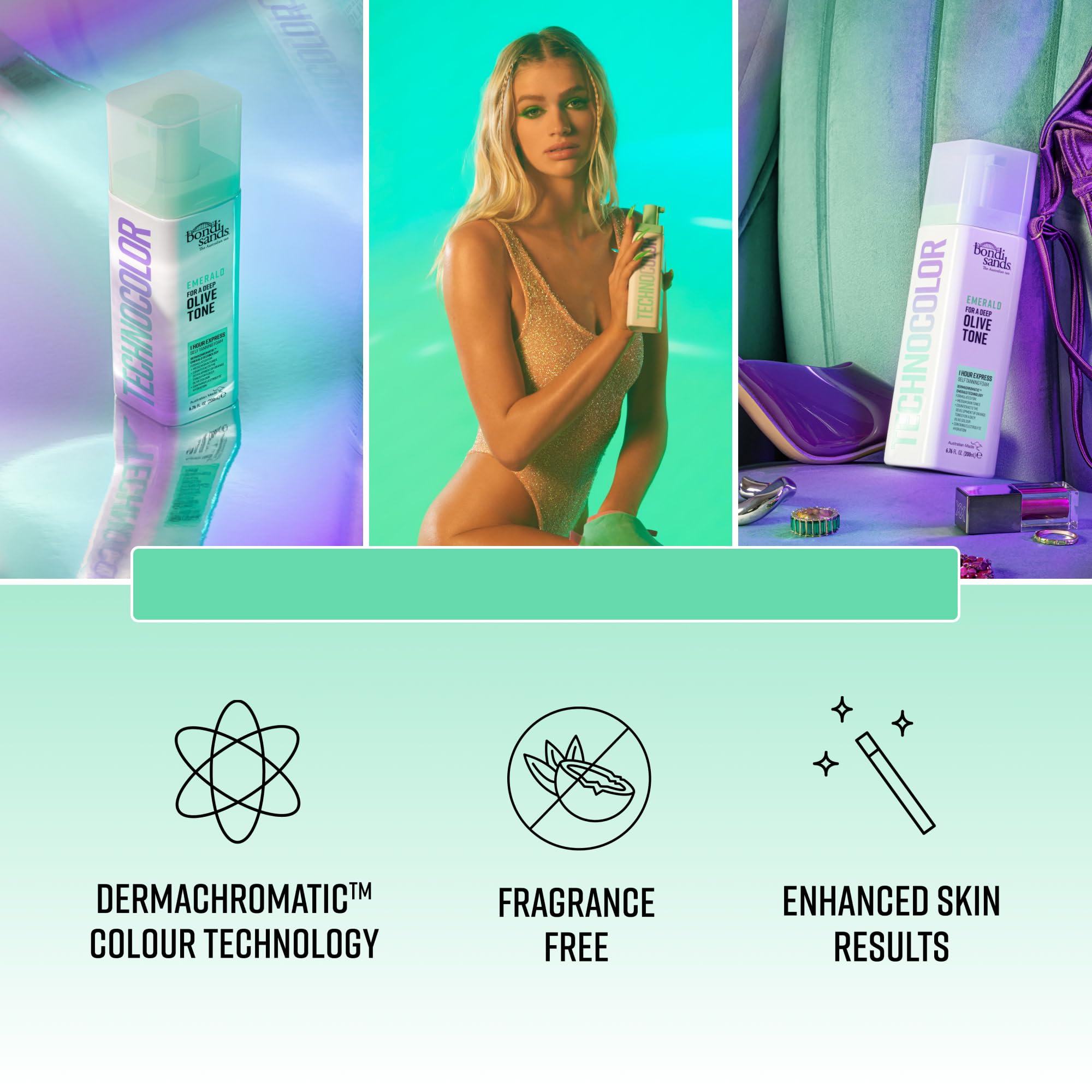 Bondi Sands Technocolor Emerald foam pump shows smooth texture for even coverage.