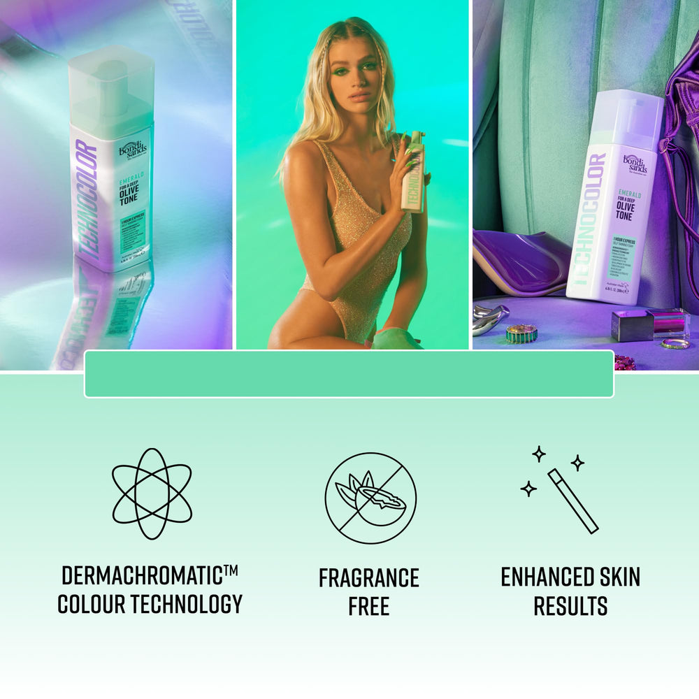 Bondi Sands Technocolor Emerald foam pump shows smooth texture for even coverage.