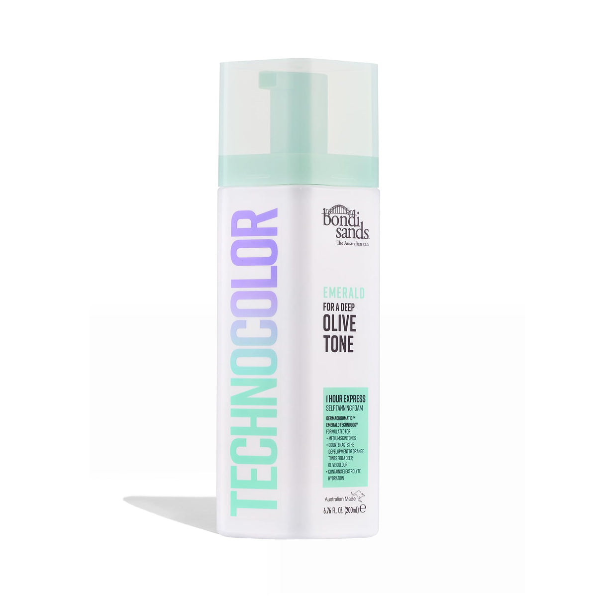 Bondi Sands Technocolor Emerald bottle with green color guide helps prevent orange tones.