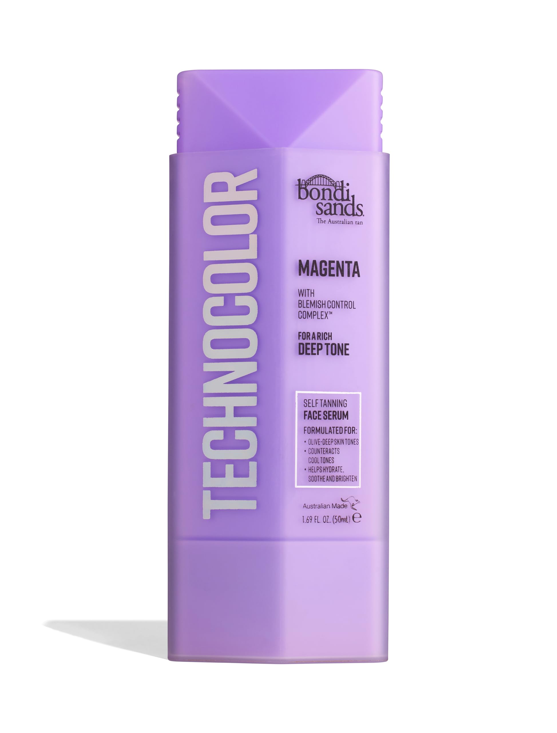 Bondi Sands Technocolor Face Serum bottle close-up with fragrance-free, hydrating formula