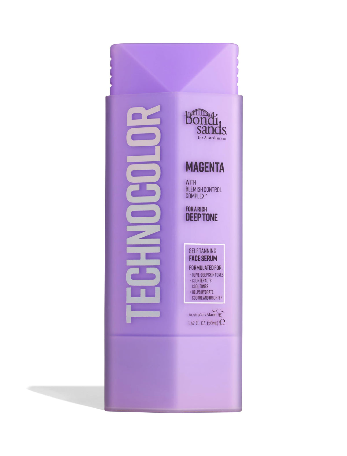 Bondi Sands Technocolor Face Serum bottle close-up with fragrance-free, hydrating formula