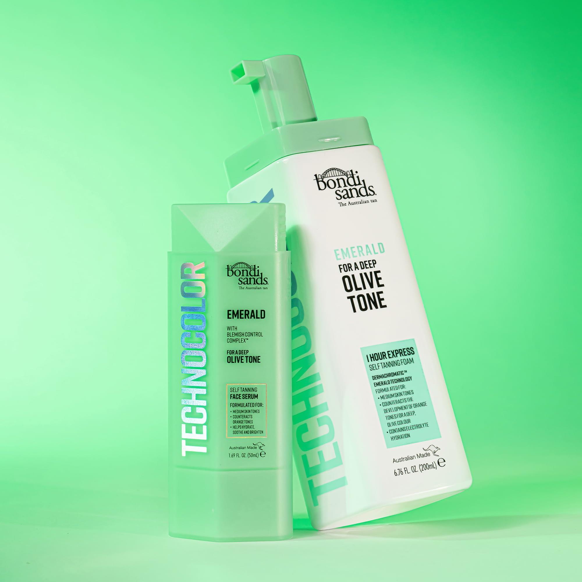 Bondi Sands Technocolor Face Serum beside a mirror suggests a radiant complexion.