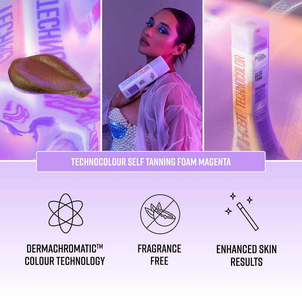 Bondi Sands Technocolor Magenta application mitt enables smooth, even coverage.