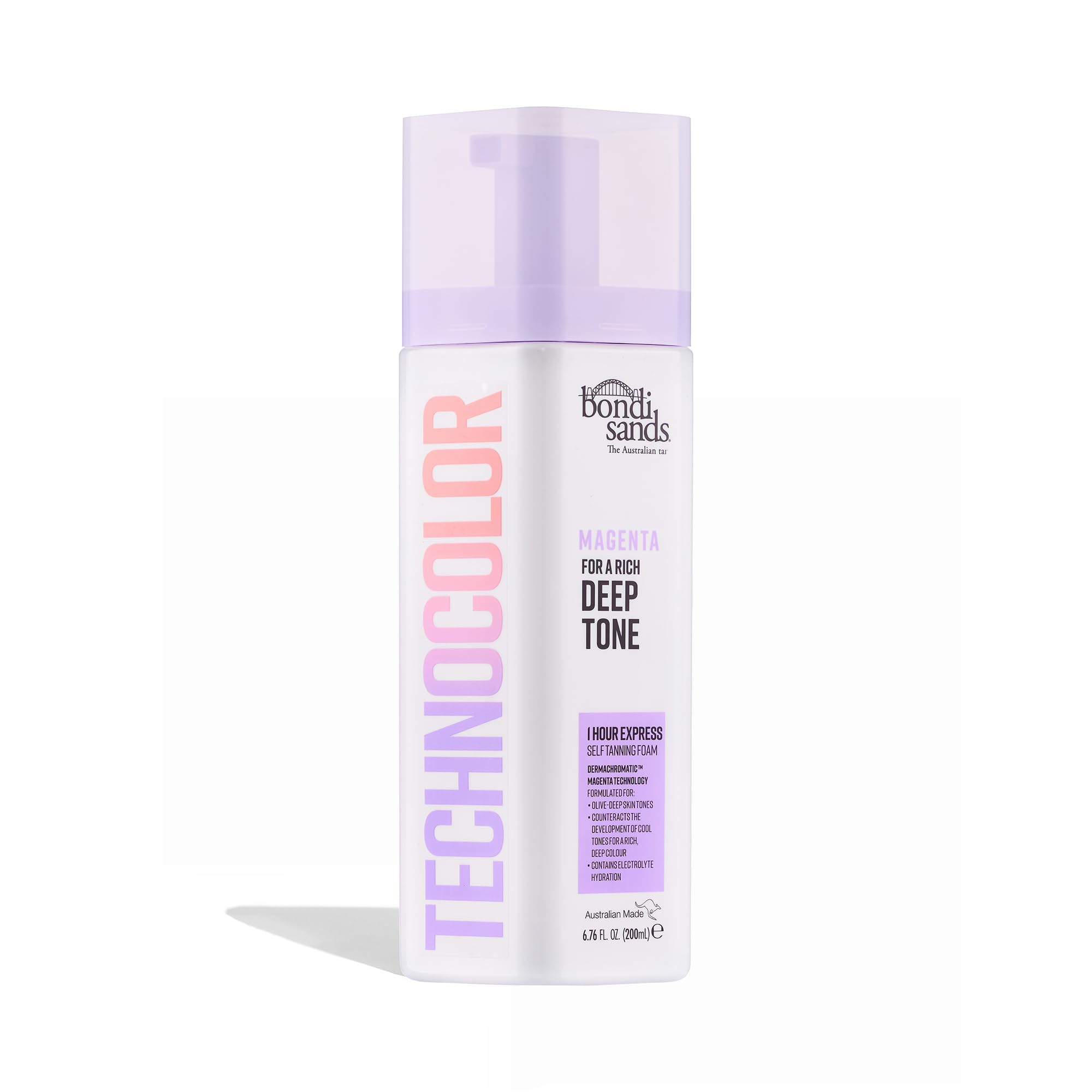 Bondi Sands Technocolor Magenta foam bottle shows rich olive-to-deep tan.