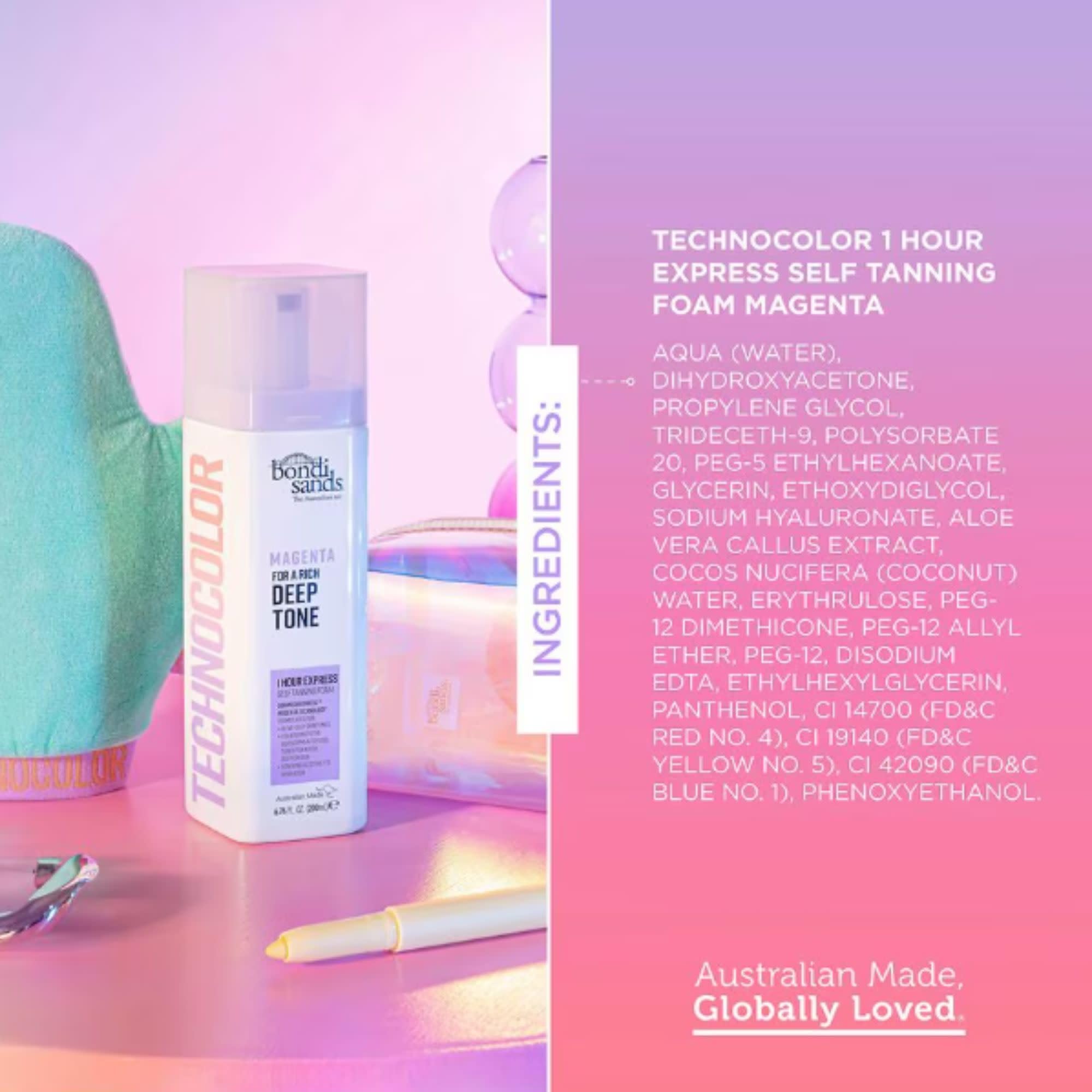 Bondi Sands Technocolor Magenta formula delivers a deep tint with even coverage.