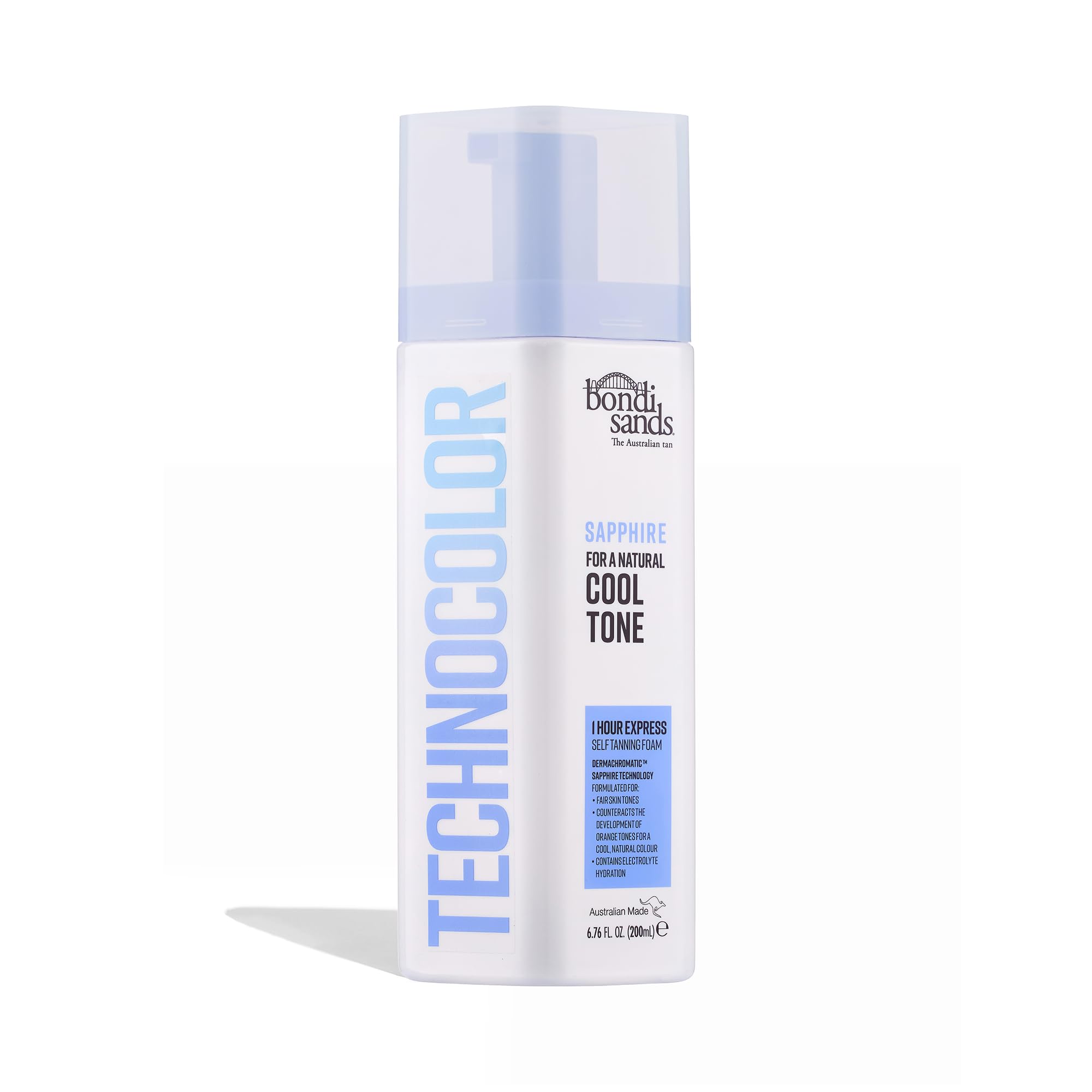 Bondi Sands Technocolor Sapphire foam bottle with blue-grey guide for a cooler tan.