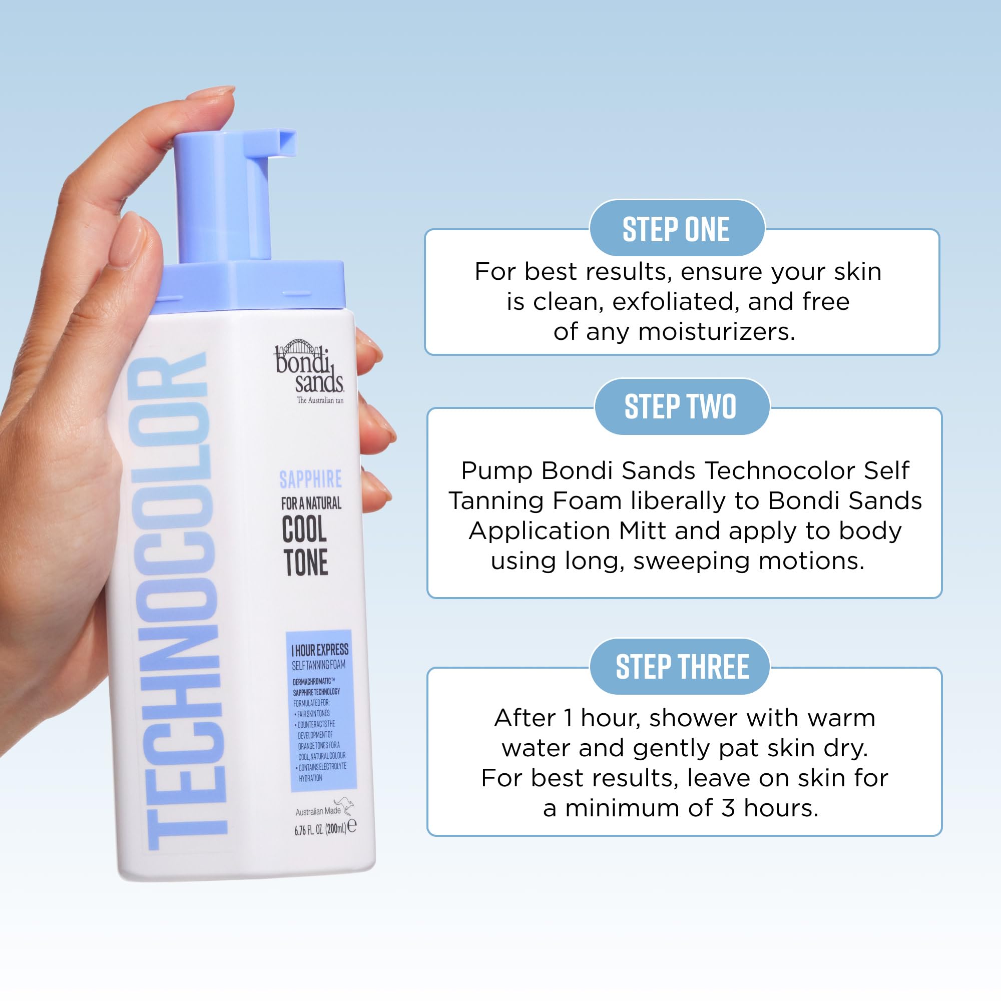 Bondi Sands Technocolor Sapphire 1 Hour Express label visible on the product image.