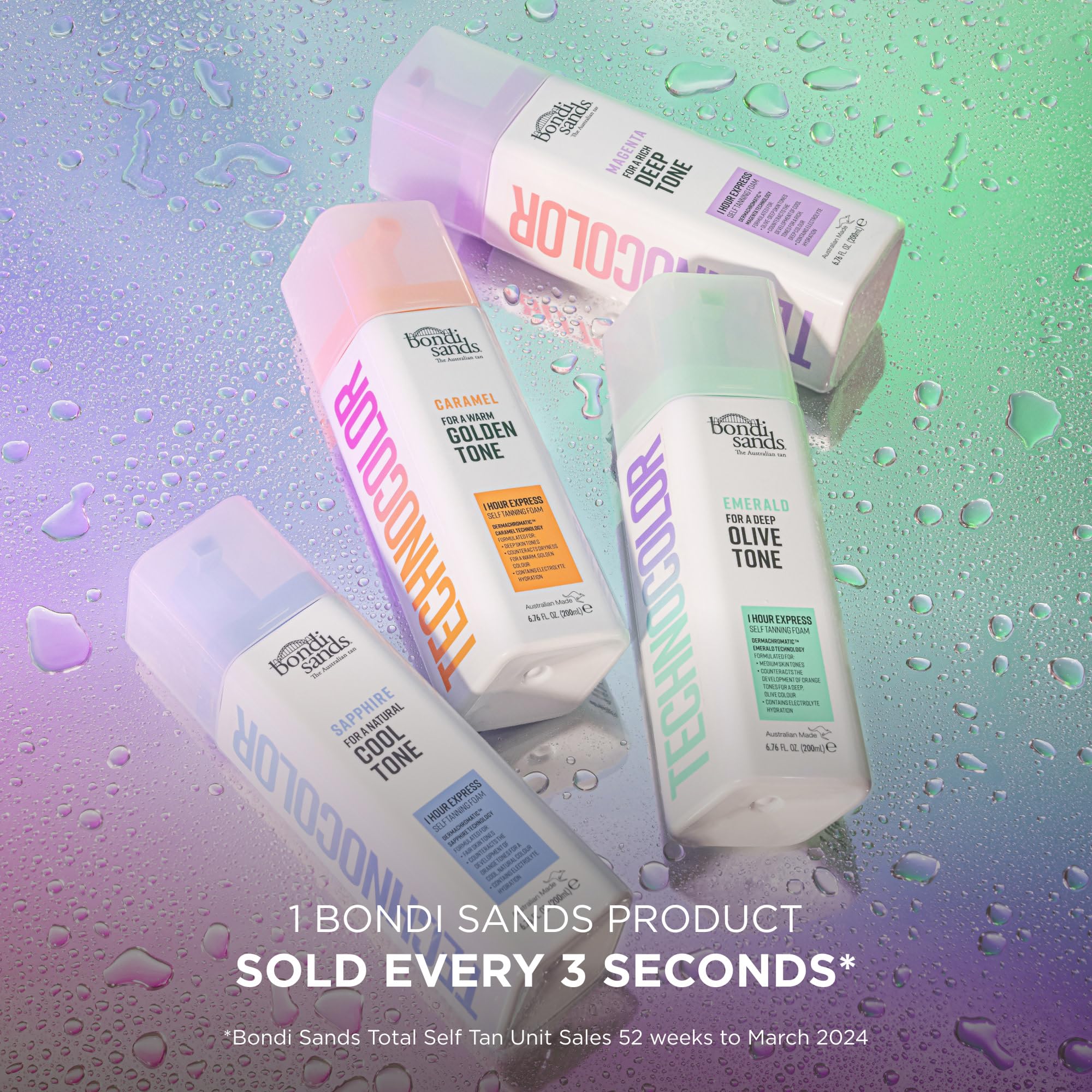 Bondi Sands Technocolor Sapphire bottle packaging highlighting size and design.