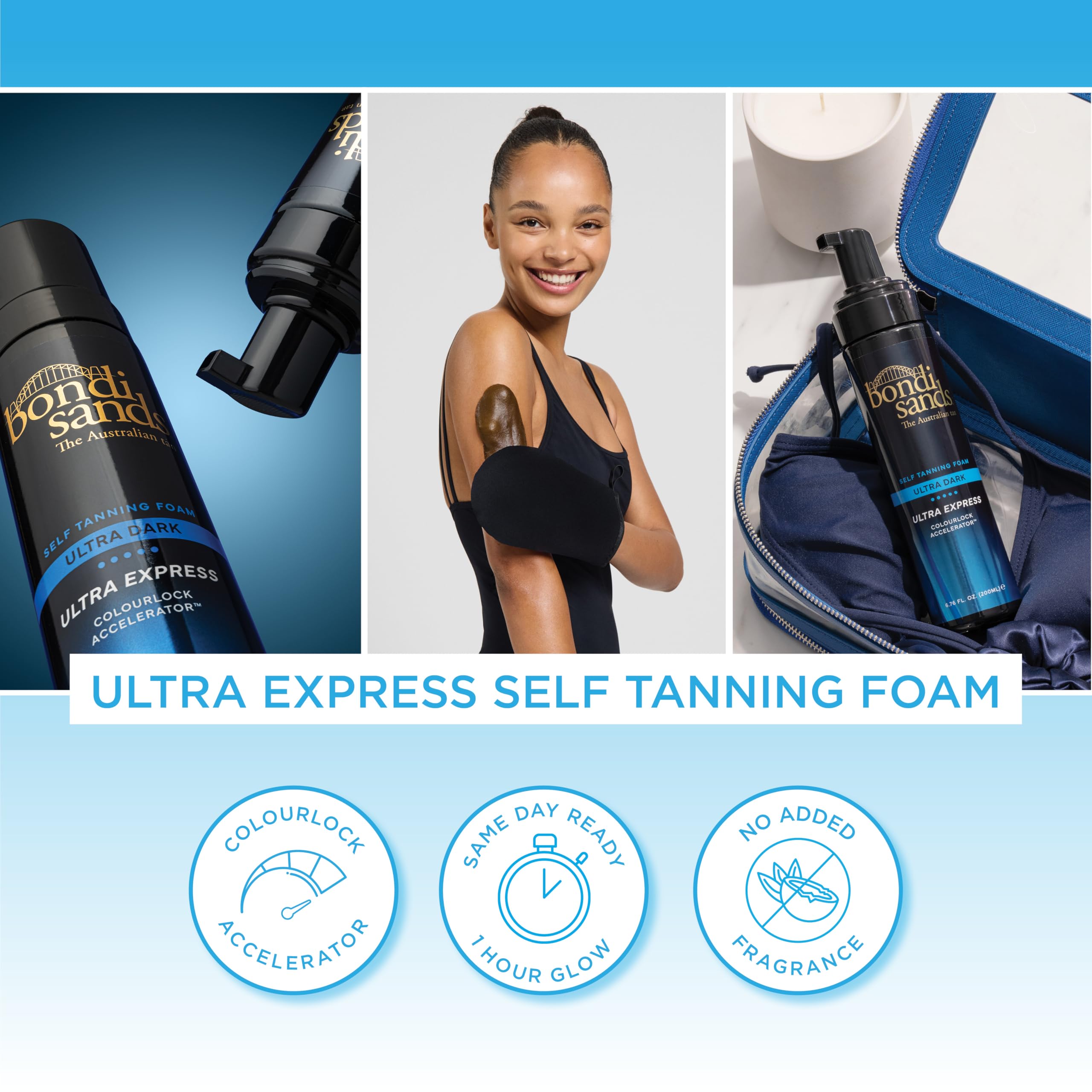 Arm application of Bondi Sands Ultra Express self tanning foam for even tone.