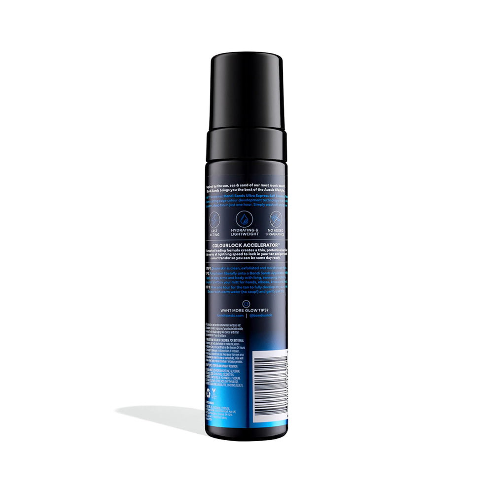 Bathroom shelf displaying Bondi Sands Ultra Express self tanning foam.