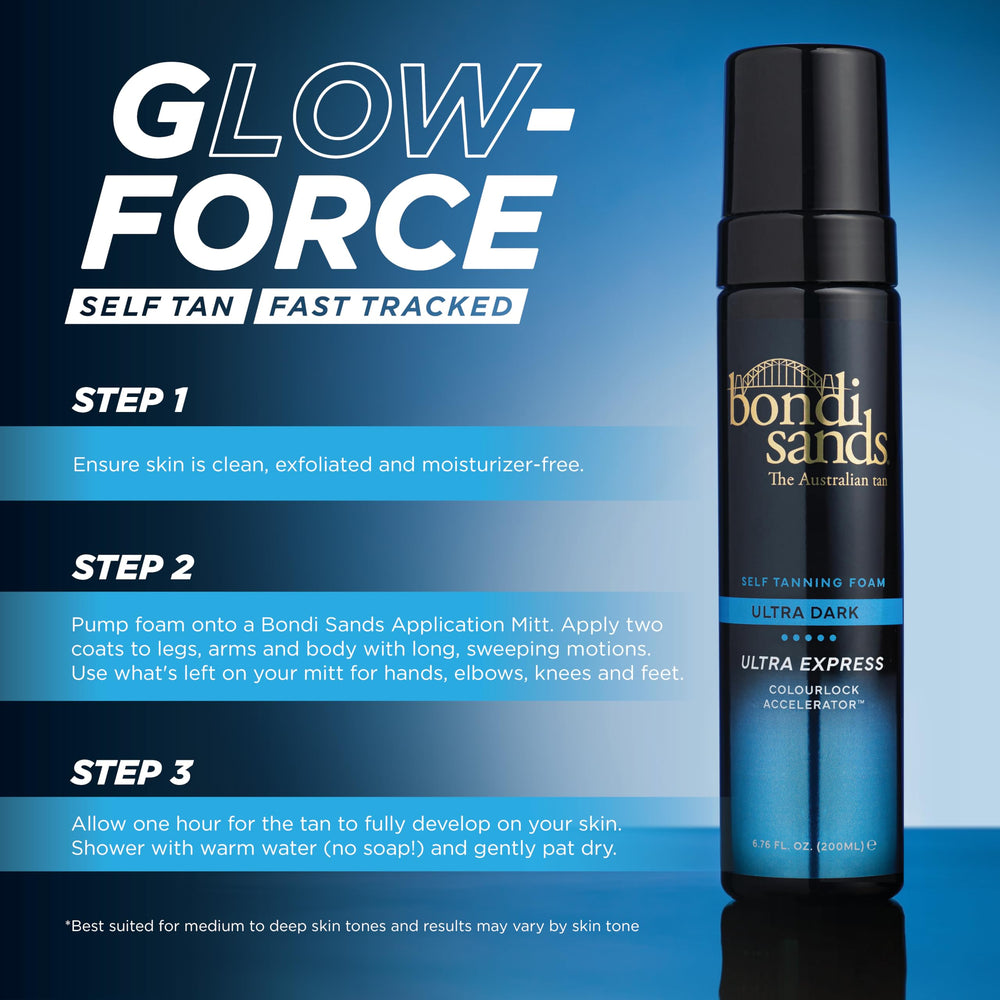 Bottle with cap of Bondi Sands Ultra Express self tanning foam.