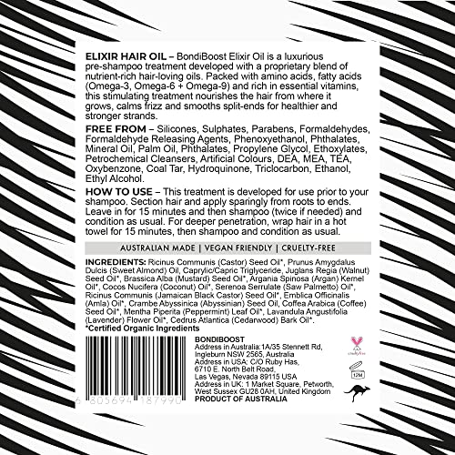 BondiBoost Elixir Hair Oil application close-up shows nourishing action on dry hair.