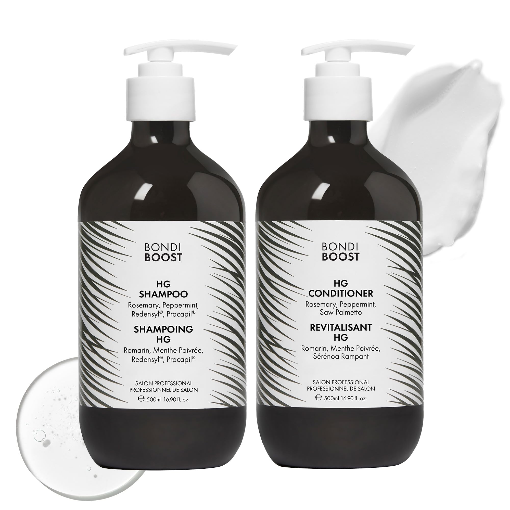 BondiBoost HG anti-thinning shampoo bottle promotes fuller-looking hair.