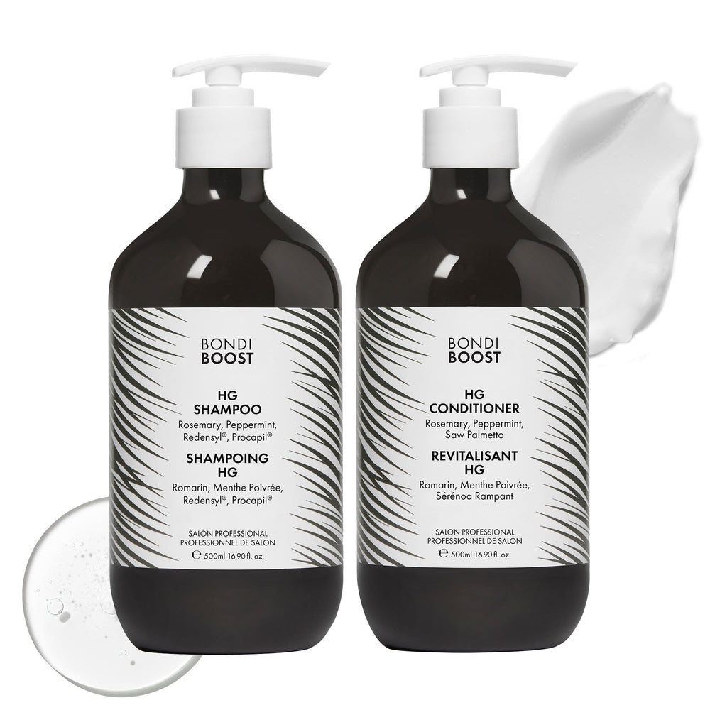 BondiBoost HG anti-thinning shampoo bottle promotes fuller-looking hair.
