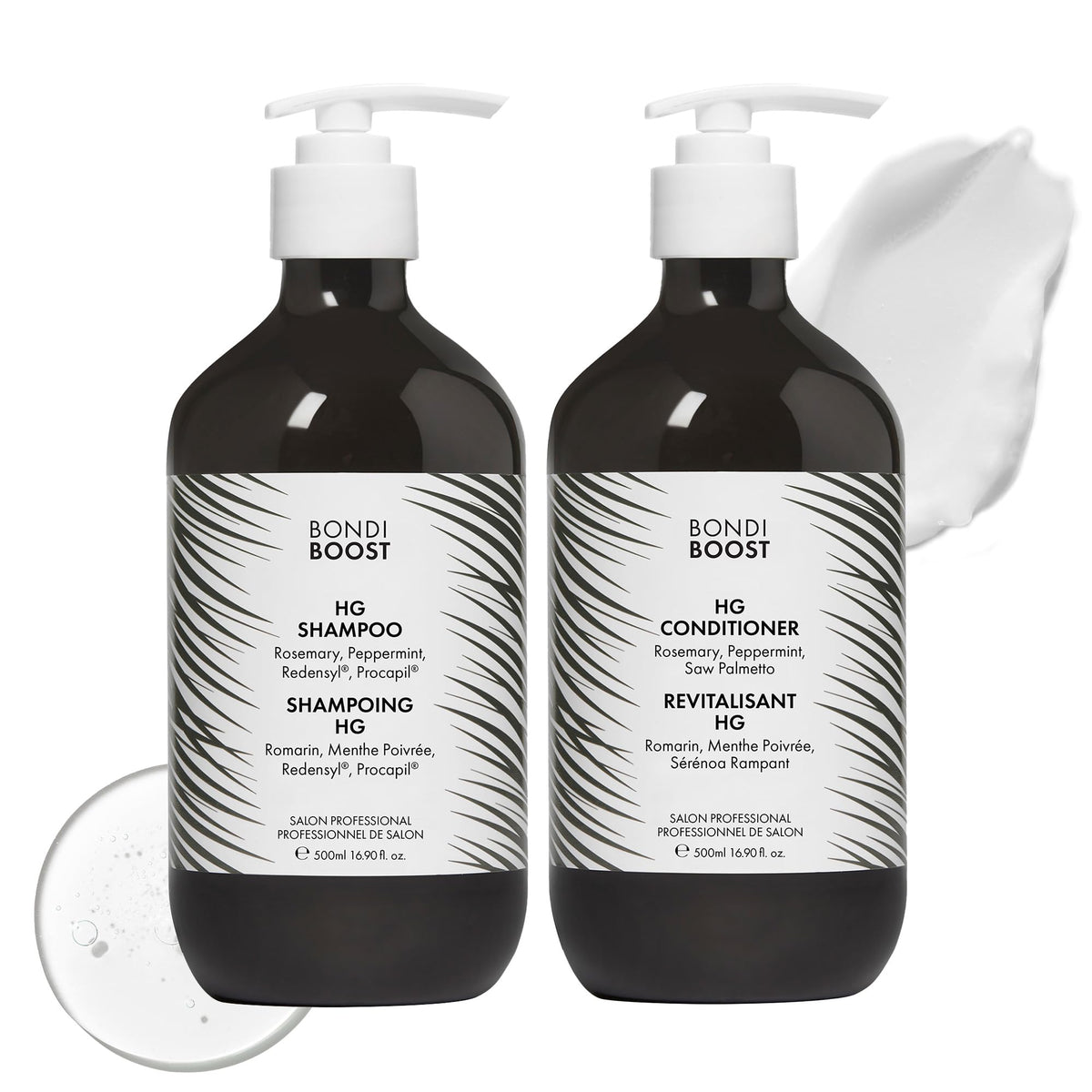 BondiBoost HG anti-thinning shampoo bottle promotes fuller-looking hair.
